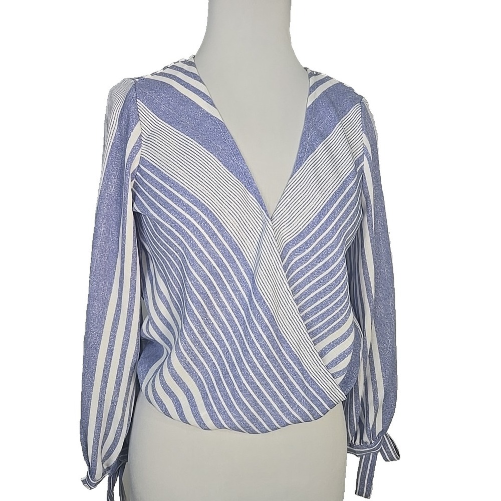 GB Blue & White Striped Long Sleeve Tie-Cuff‎ Faux Wrap Top Blouse Size Small S